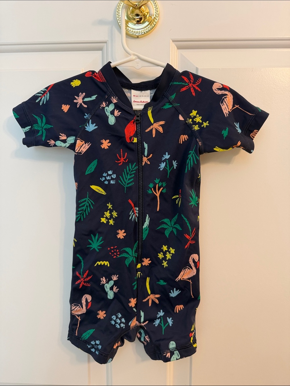Children's Navy Tropical Short-Sleeve Rash Guard Swimsuit - Flamingo Print